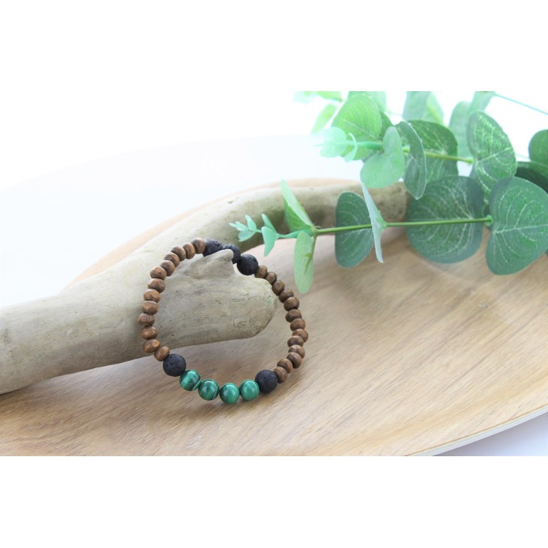 Omsaé - Bracelet bois malachite & pierre de lave