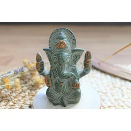 Ganesh assis laiton vert antique 9.2 cm