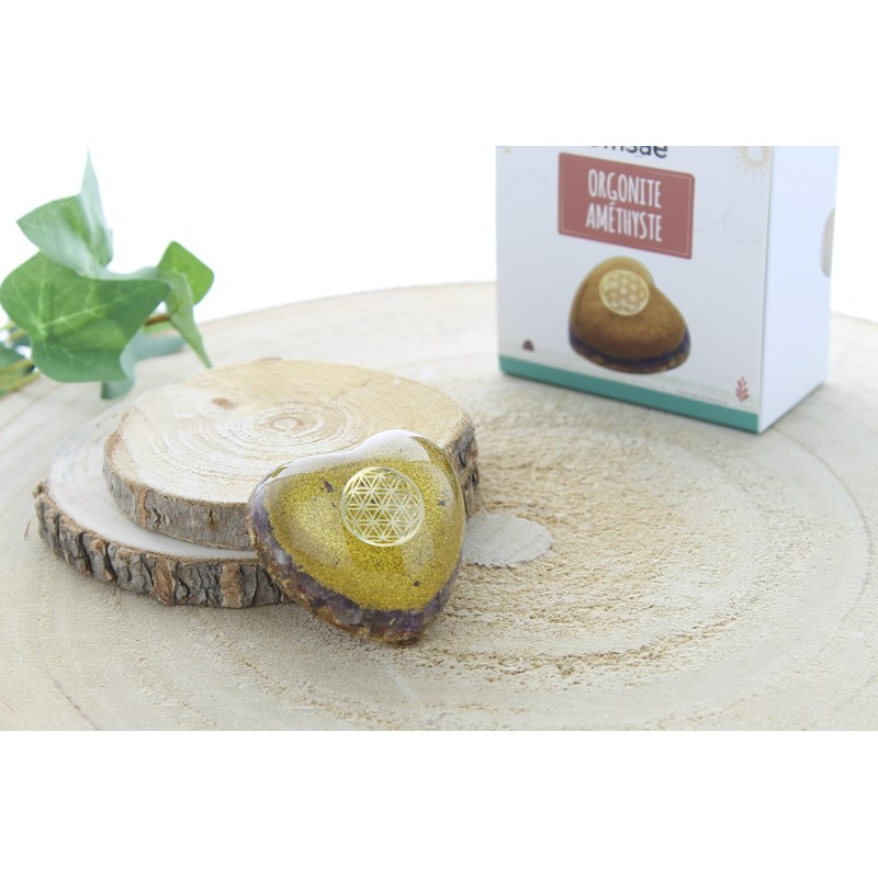 Coeur orgonite améthyste fleur de vie