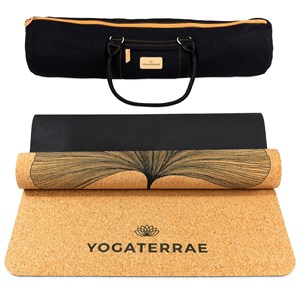 Tapis yoga liège ginkgos + sac + sangle