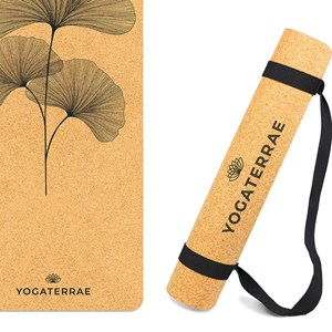 Tapis yoga liège ginkgos + sac + sangle