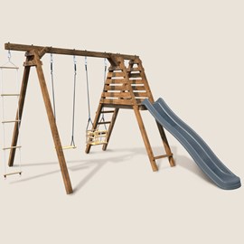 Portique en bois carré 3 agrès balançoir