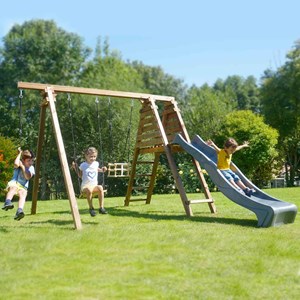 Portique en bois carré 3 agrès balançoir