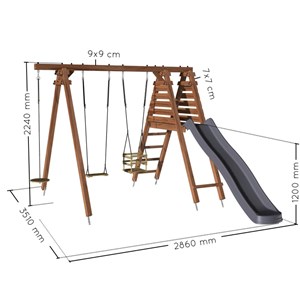 Portique en bois carré 3 agrès balançoir