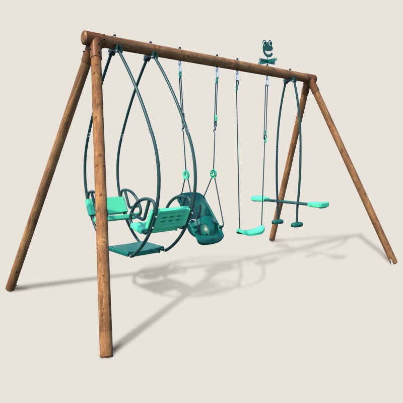 Portique en bois rond 4 agrès avec balan