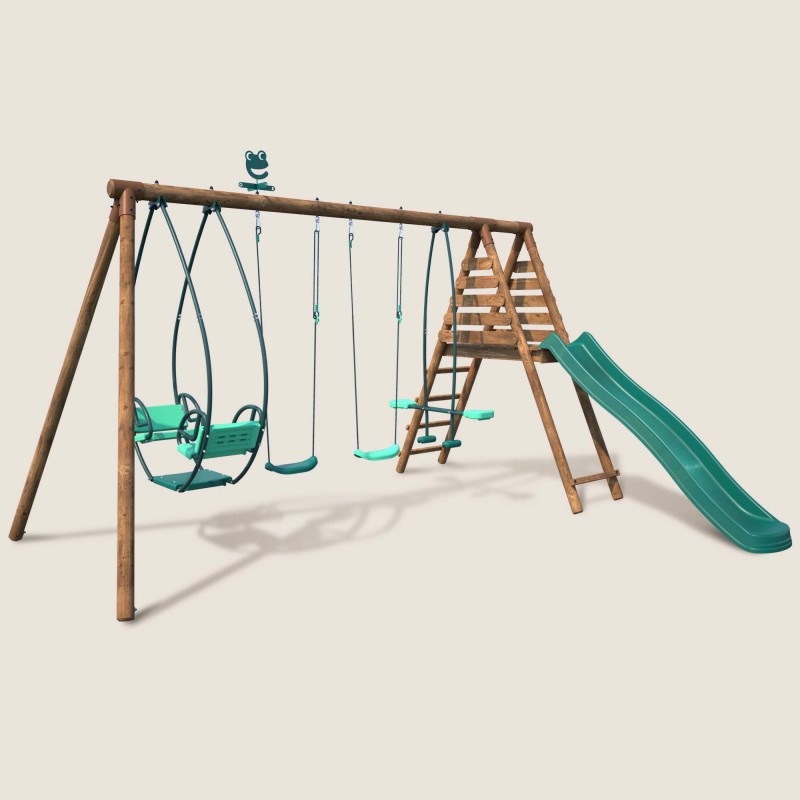 Portique en bois rond 4 agrès avec face