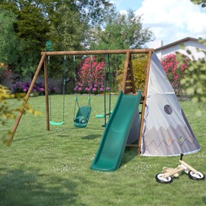 Portique en bois rond 3 agrès avec balan