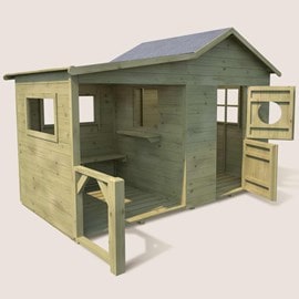 Cabane en bois traité avec préau et banc