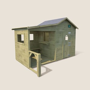 Cabane en bois traité avec préau et banc