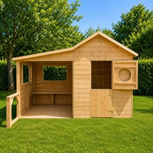 Cabane en bois traité avec préau et banc