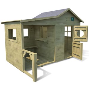 Cabane en bois traité avec préau et banc
