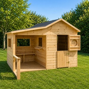 Cabane en bois traité avec préau et banc
