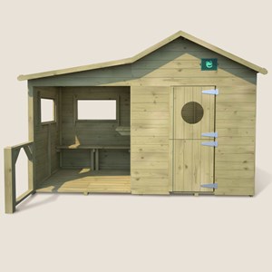 Cabane en bois traité avec préau et banc