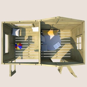 Cabane en bois traité avec préau et banc