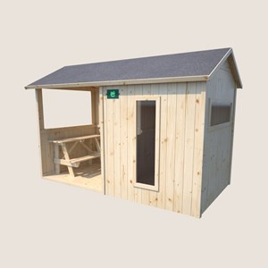 Cabane en bois avec préau et table de je