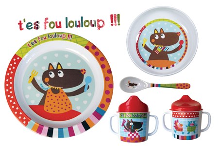 Coffret loup assiette bol cuillère mug