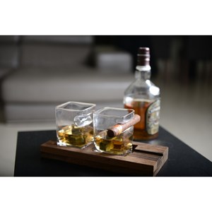 Duo whisky deux verres support bois 4 glaçons pierre céramique