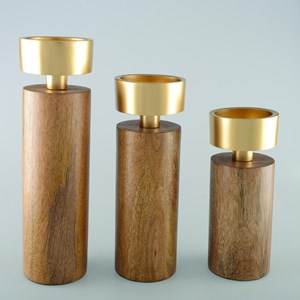Bougeoir bois et métal doré 23cm