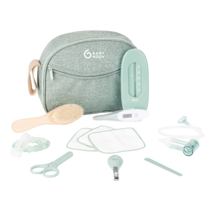 Kit Soins Bébé Moonvvin 13pcs - Thermomètre, Coupe-Ongles, Brosse - Sac Transport Bleu