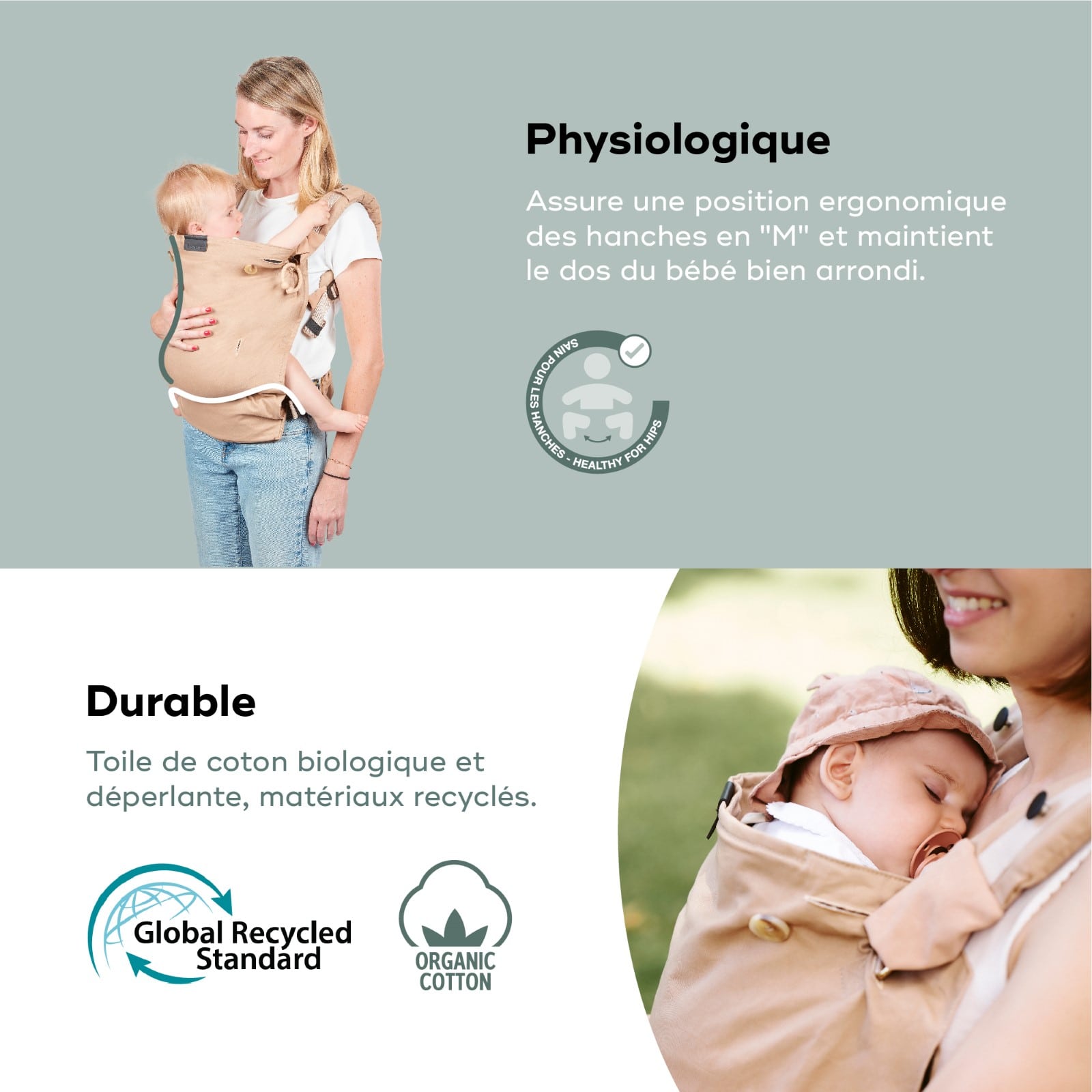 Porte bebe, Physiologique, évolutif, ergonomique, Dès la naissance