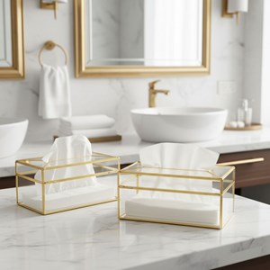 Boîte à mouchoirs carrée transparente bord dorés