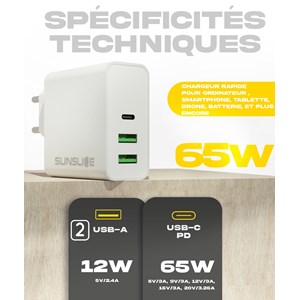 Chargeur 65w rapide pour portable et pc