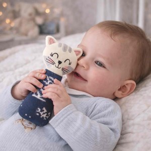 Hochet chaton tricoté coton bio bleu