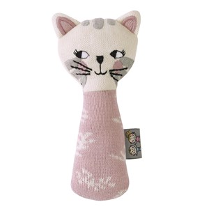 Hochet tricoté coton bio chaton rose