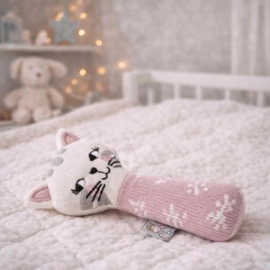 Hochet chaton tricoté coton bio rose