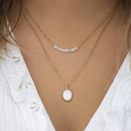 Collier fin double rang pierre de lune