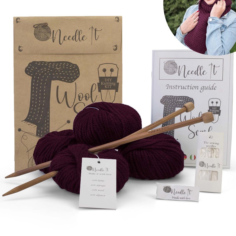 Needle It - Kit tricot écharpe en laine bordeaux