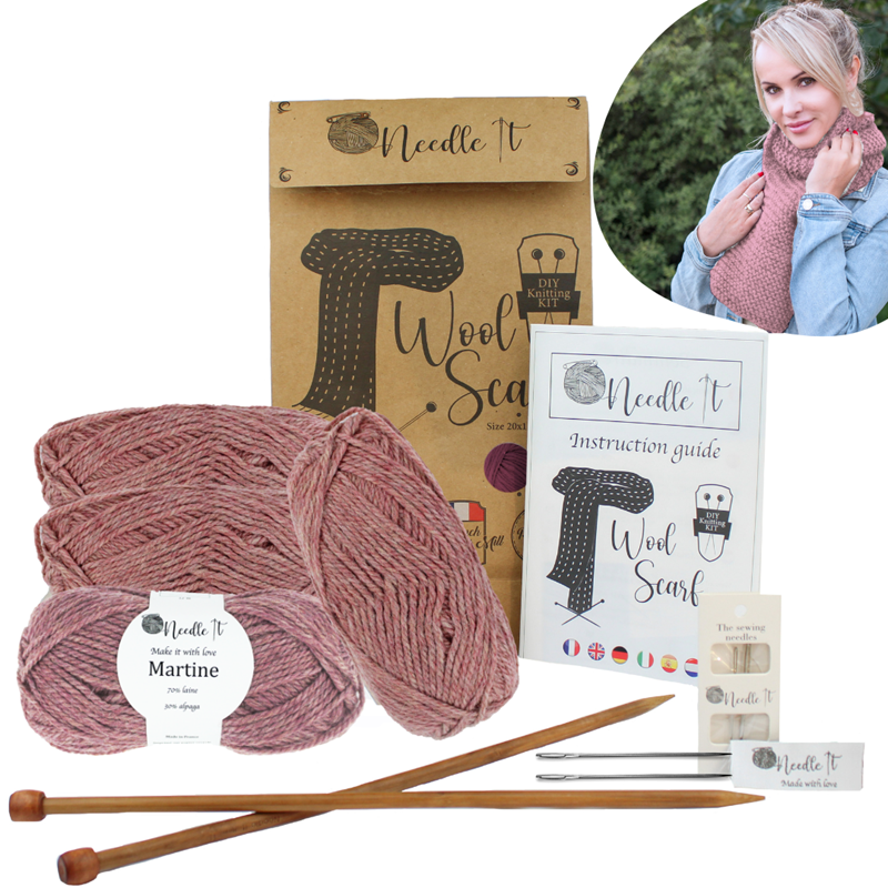 Kit tricot écharpe en laine rose