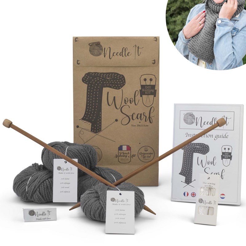 Needle It - Kit tricot écharpe en laine gris