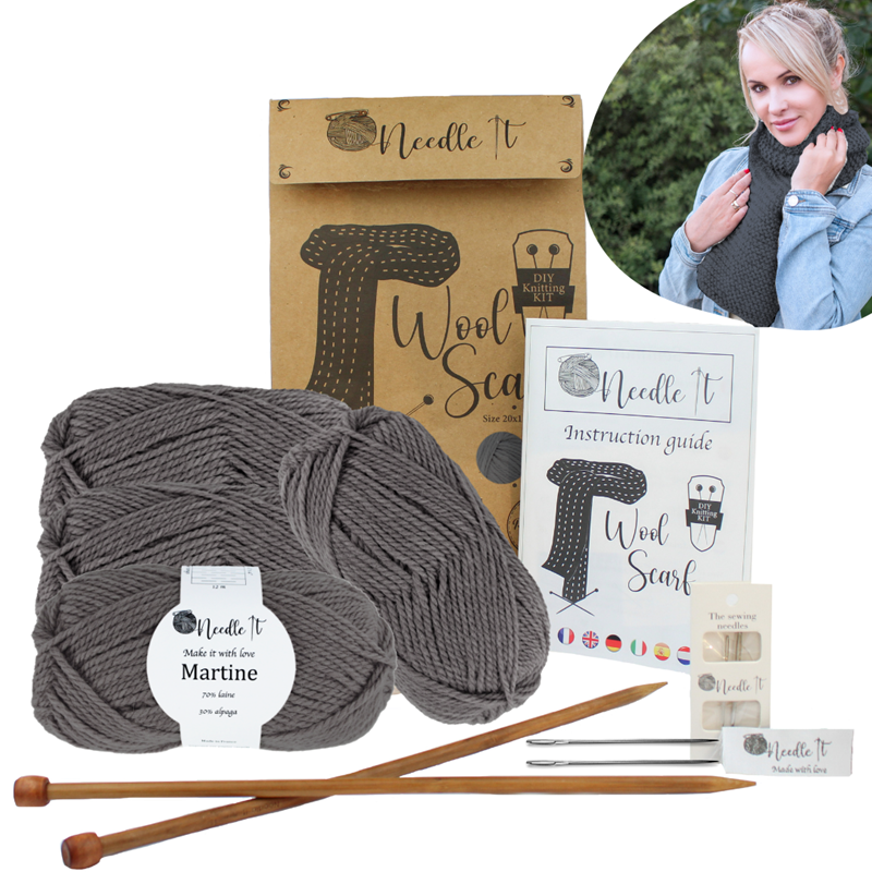 Kit tricot écharpe en laine gris