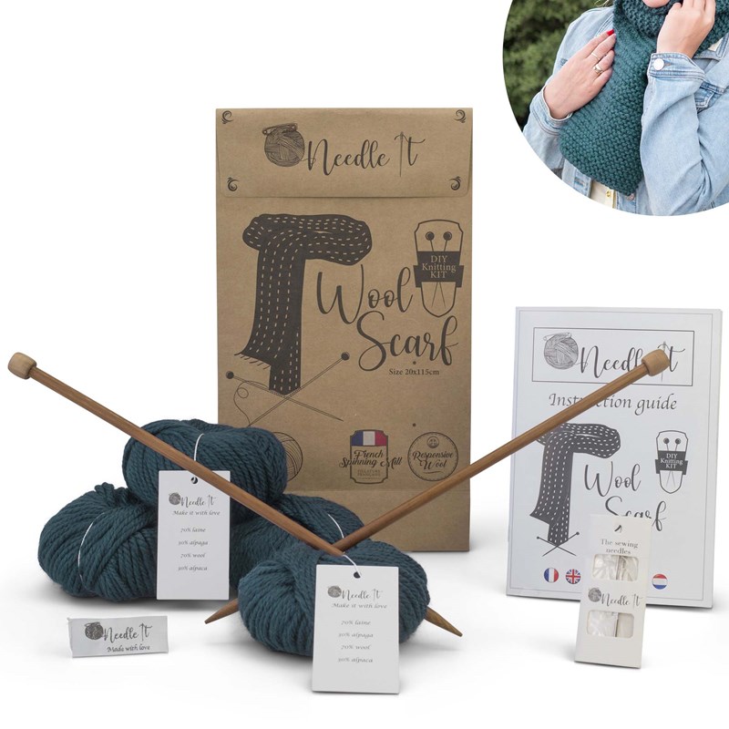 Needle It - Kit tricot écharpe en laine kaki