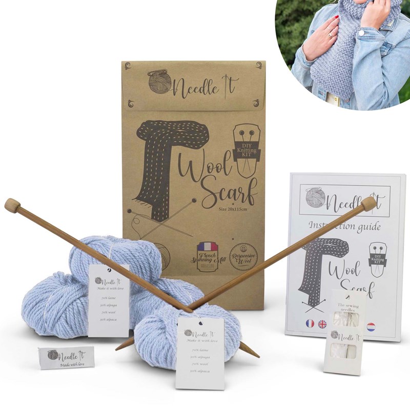 Needle It - Kit tricot écharpe en laine bleu ciel
