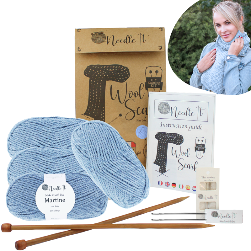 Kit tricot écharpe en laine bleu ciel