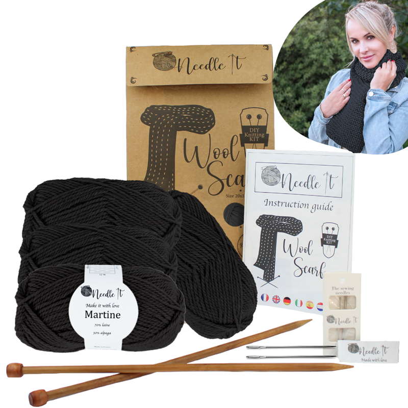 Kit tricot écharpe en laine noir