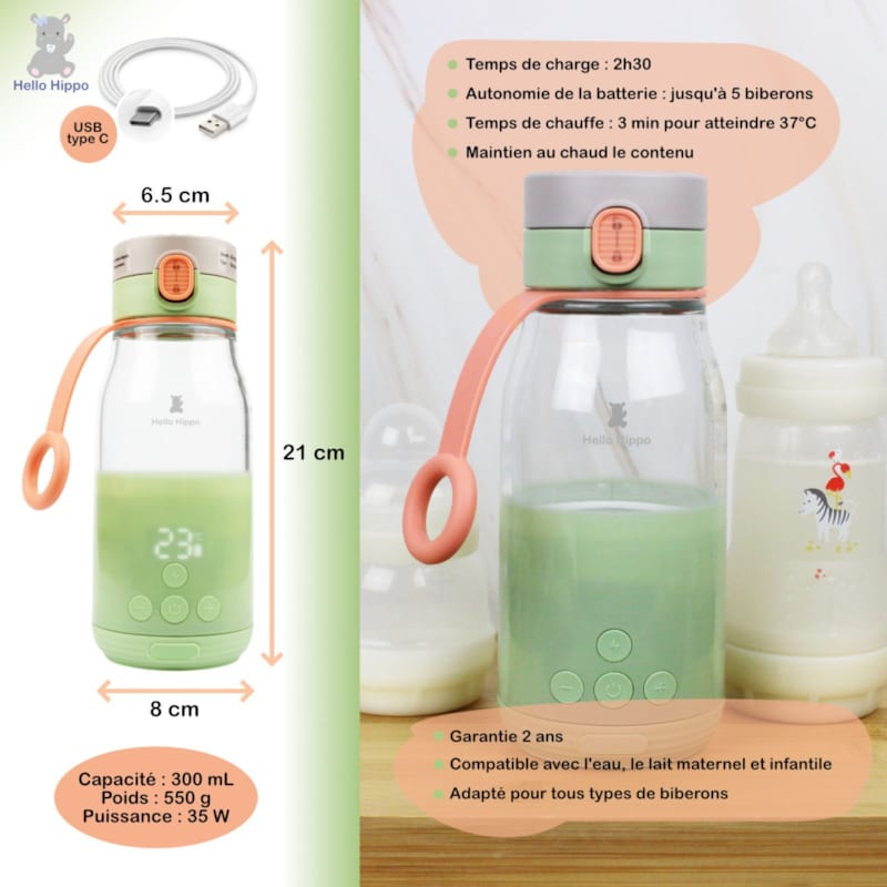 Chauffe biberon nomade portable 300 ml (Hello Hippo) - Image 3