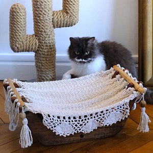 Hamac à chat écru avec support en bois