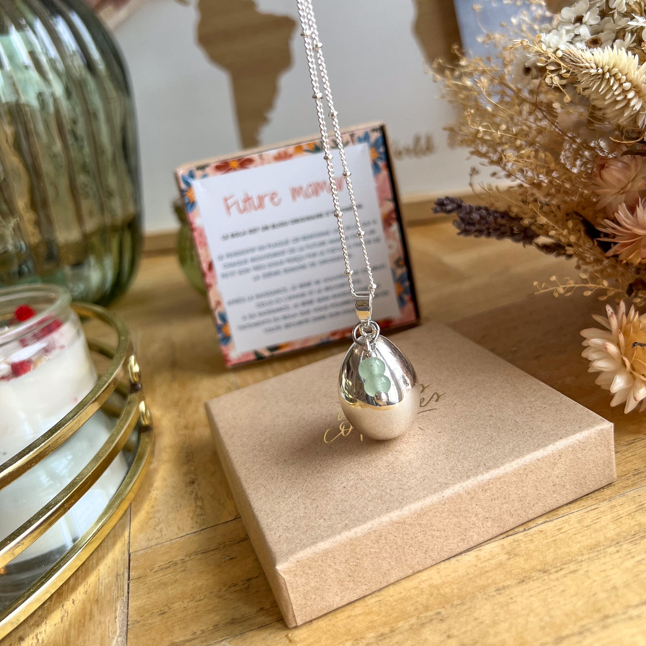 Bola De Grossesse Baby Shell Goutte Or + Chaîne Fine Et Cordon Liberty Moutarde - Bijou Grossesse Apaisant