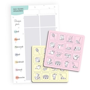 Tableau magnétique tâches ménagères – organiser la maison en famille, rose et Jaune