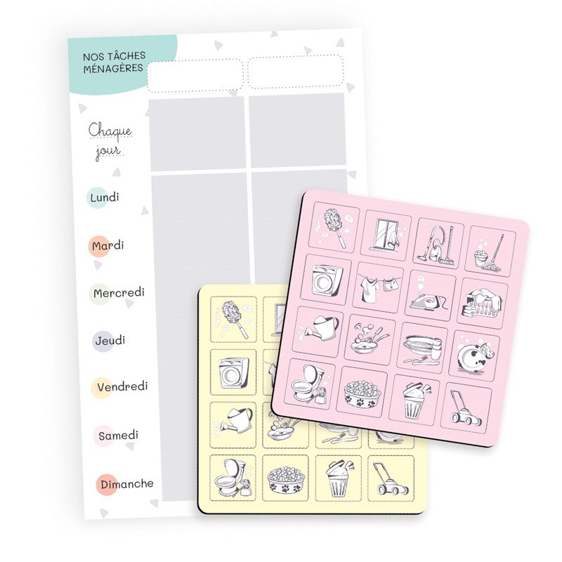Tableau magnétique tâches ménagères – organiser la maison en famille, rose et