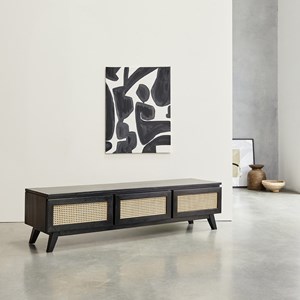 Meuble tv en mindi massif et cannage