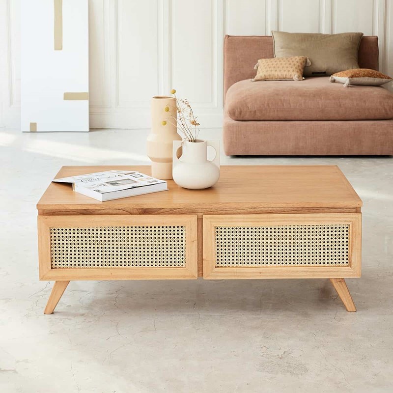 Table basse en mindi massif et cannage