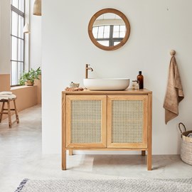 Meuble de salle de bain teck et cannage