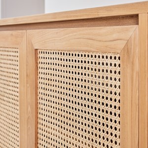 Meuble de salle de bain teck et cannage