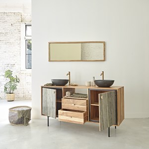 Meuble salle de bain acacia et pierre