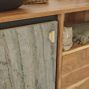 Meuble salle de bain acacia et pierre