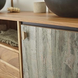 Meuble salle de bain acacia et pierre